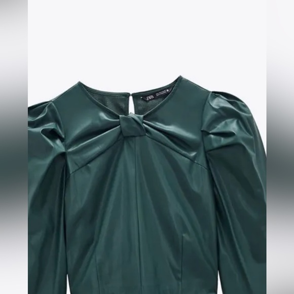 NEW Zara Size  M dark Green Leather Puff Sleeve Crop Top - Picture 1 of 4